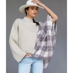 Pilcro Anthropologie Oversized Cream Mixed Plaid Poncho Sweater One Size OS